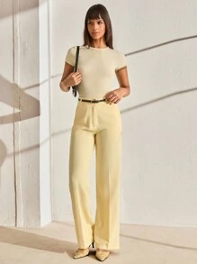 CLARA VERO Quần âu ống rộng thắt lưng họa tiết đường may màu vàng bơ thanh lịch dành cho nữ - Màu vàng - Xem 5