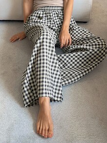 DAZY 格子松紧腰宽松女式家居裤，秋季睡衣 - 黑與白 - 查看 5