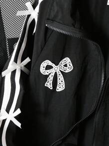 Tween Girl Bow Decor Long Sleeve Zip Front Casual Jacket Fall Winter - Black - View 4