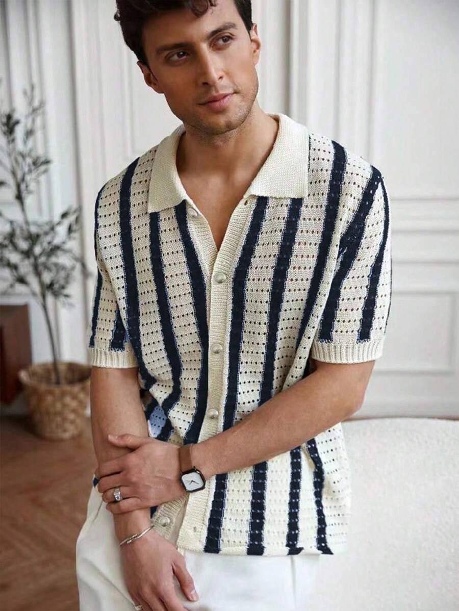 Manfinity CityGents Plus Size Men Striped Short Sleeve Single-Breasted Hollow Out Knit Top, Suitable For Spring/Summer, Daily Wear, Vacation, Wedding, Couple Matching Knit Shirt Knitted Shirts For Crochet Shirt Men's Knit Shirts Knitted Shirt Men