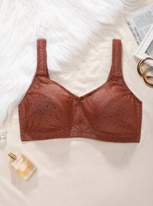 NudeFit 1件大码女士纯色优雅舒适柔软提花蝴蝶结装饰柔软海绵可调节肩带无钢圈文胸 - 棕色 - 查看 7