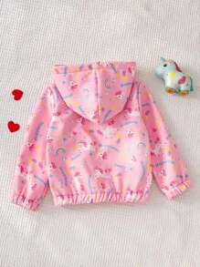 Elladie kids 1pc Young Girl Hooded Zip Up Cute Unicorn Print Lined Fleece Jacket Girls School Wear Pink Jacket Fall Winter - Pink - View 3