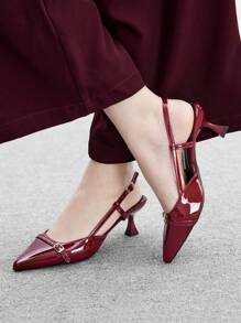 CUCCOO BIZCHIC Giày cao gót hở mũi màu đỏ tía, quai sau thời trang nữ, giày mule gót trung bình đi tiệc/đi làm - Màu Đỏ Sâu - Xem 5