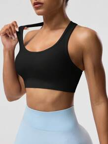 Easithlete 女式纯色无袖短款瑜伽工字背心 - 黑色 - 查看 5