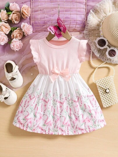 SHEIN 婴幼儿女童花卉印花真丝蝴蝶荷叶边袖休闲舒适连衣裙，紫色和白色，适合春夏季度假和户外玩耍