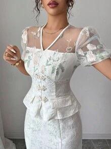 Elenzga 女士优雅时尚通勤休闲舒适奢华浪漫约会迷人复古假日网眼刺绣拼布短袖合身珍珠纽扣纯色纹理美人鱼蕾丝提花两件套（随机花卉图案） - 杏色 - 查看 6