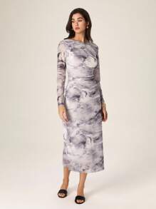 Modelyn French Design Waist Cinching Ink Print Bodycon Maxi Dress Fall Cloth For Women - Grey - View 4