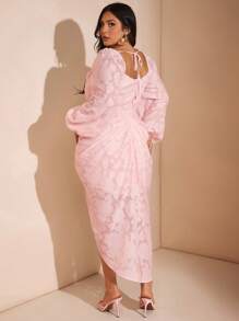 SHEIN BAE 大码女式优雅派对约会性感闪光亮片垂坠领褶饰不对称下摆开衩长袖连衣裙，粉色连衣裙 - 粉色 - 查看 3