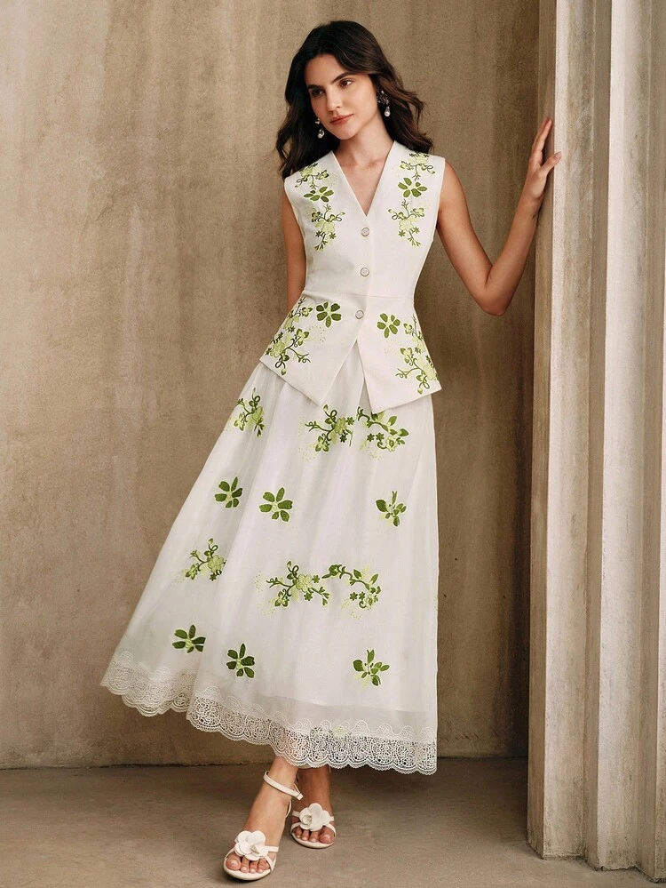 Vacation Style Embroidered Sleeveless Cardigan Top + High Waist A-Line Lace Patchwork Skirt 2 Pieces Set For Women