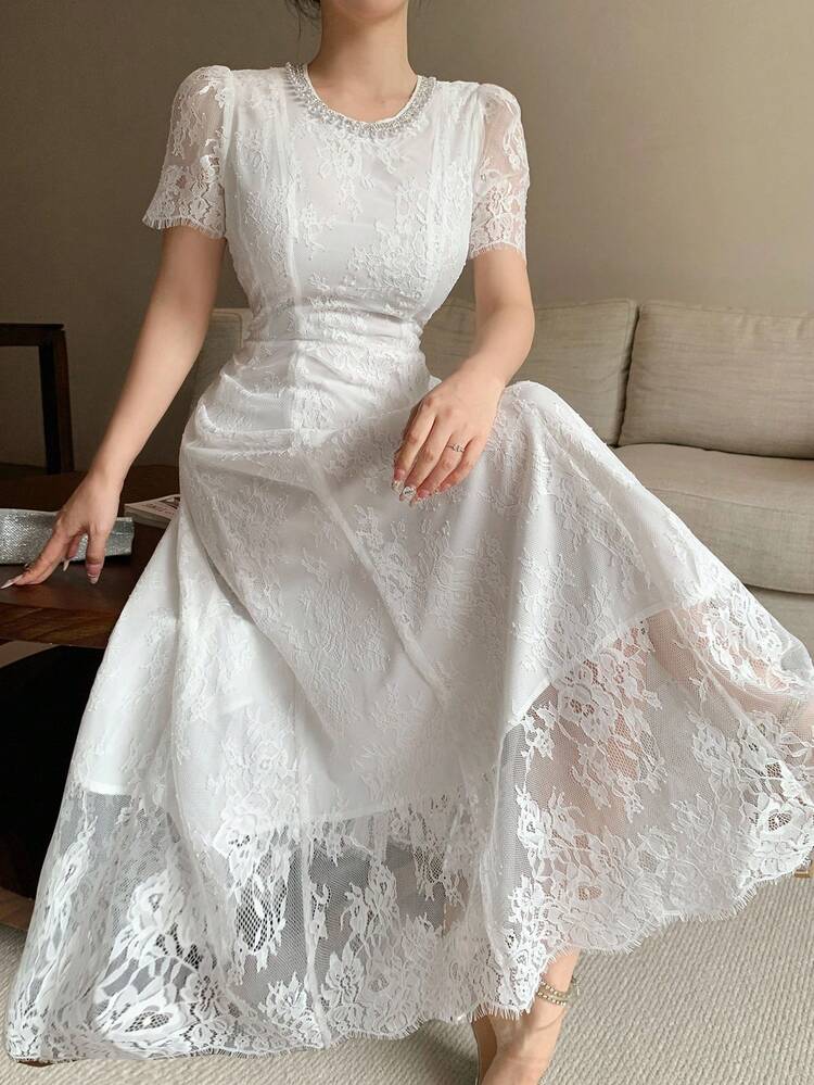 Elegant Lace Round Neck Puff Sleeve Midi Dress For Women Summer,Wedding Guest Dress Women Sundress
