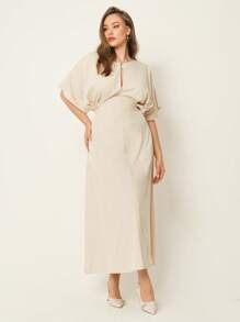 Auralis 大码女式纯色蝙蝠袖褶皱优雅连衣裙