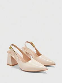 CUCCOO BIZCHIC 女士时尚杏色后带侧扣粗跟尖头穆勒鞋，适合日常通勤、约会和派对 - 杏色 - 查看 6