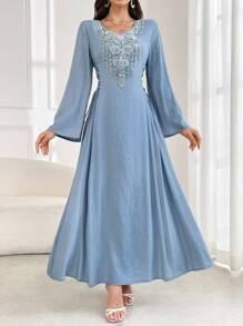 Al Najma 女式 V 领长袖宽松系带朴素连衣裙