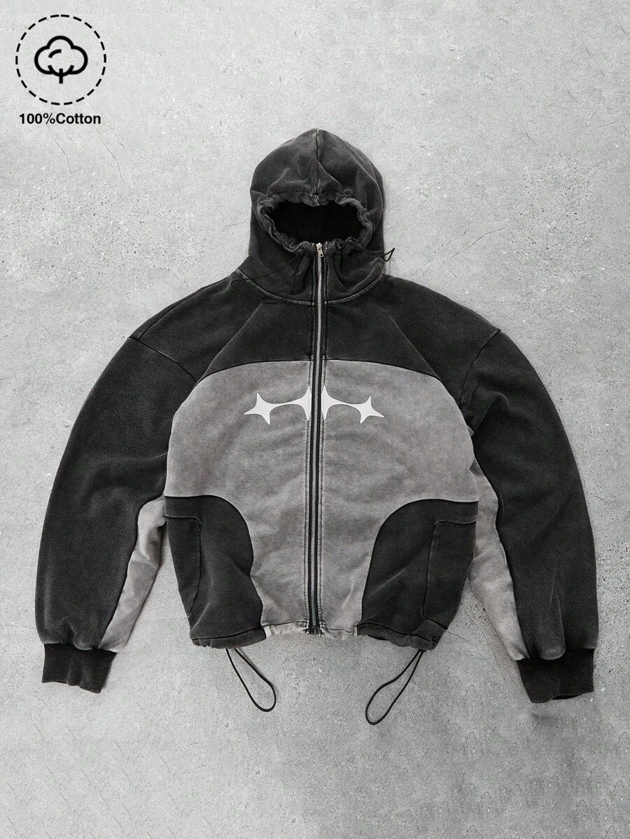 PAVTROS Manfinity Streetrush 男士年轻街头时尚休闲连帽衫，复古棉质面料，宽松版型，简约拼接设计，口袋造型，做旧水洗面料展现休闲轻松的街头风格，适合街头穿搭、休闲时尚、户外运动、日常搭配、校园穿搭、节日礼物。Y2K 拉链连帽衫，男士街头风连帽衫，Y2K 拉链连帽衫，男士拉链连帽衫，Y2K 夹克，科技风夹克，Y2K 拉链连帽衫，Y2K 夹克，科技风夹克，鲨鱼连帽衫，秋季 - 黑色 - 查看 1