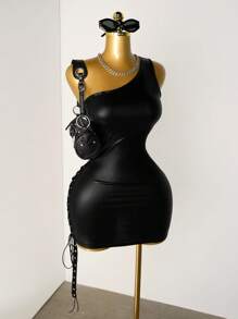 Mistrie Women's Sexy Nightclub Party PU Leather Side Lace-Up Bodycon Mini Dress - Black - View 1