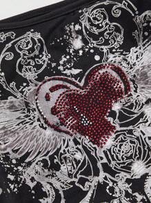 ROMWE Grunge Punk Y2K 心形和藤蔓水钻装饰性感修身褶皱肩部短袖 T 恤女款