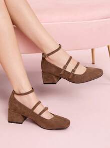 CUCCOO DOLLMOD Braune Wildleder Mary Jane Schuhe, modischer Schulmädchen-Stil mit mehreren Riemen und klobigen Absätzen - Braun - Übersicht 3