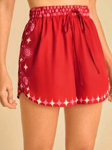 CAJUNI 女士海洋元素复古印花度假沙滩短裤，夏季