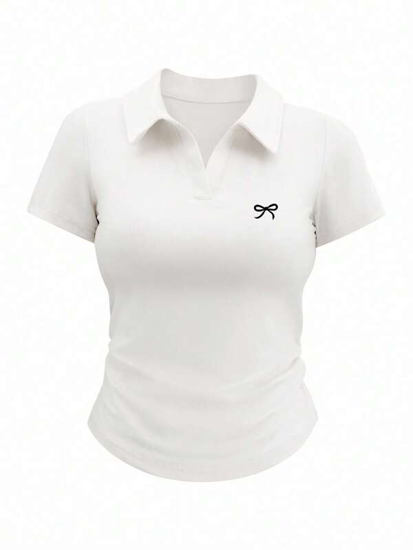 INAWLY Women's Collared Short Sleeve Bow Detail Casual Simple T-Shirt