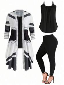 Conjunto de 3 piezas de talla grande para mujeres que incluye: chaqueta con estampado floral, top tipo cami de unicolor y pantalones, para el verano - Negro - Ver 1