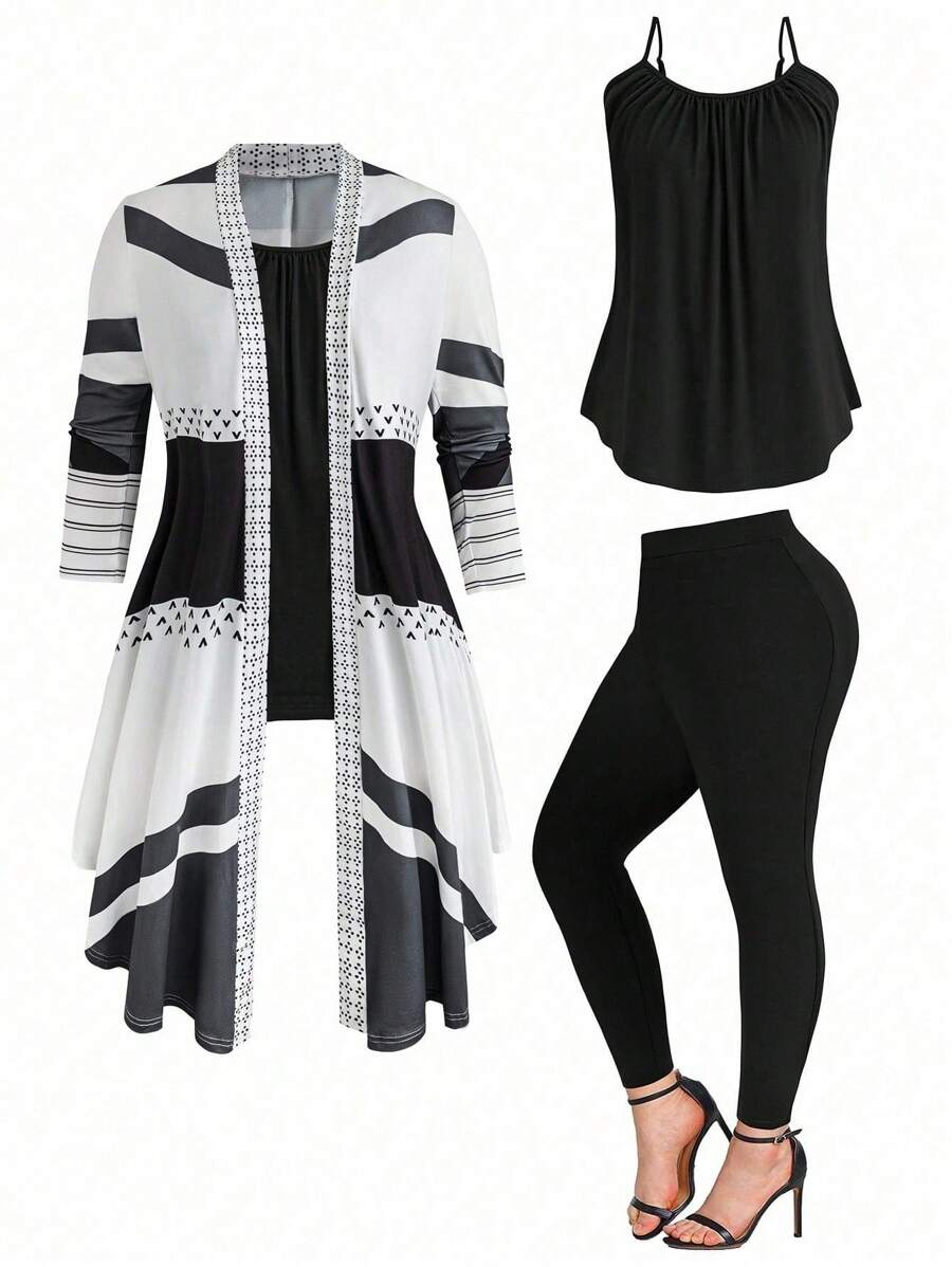 Conjunto de 3 piezas de talla grande para mujeres que incluye: chaqueta con estampado floral, top tipo cami de unicolor y pantalones, para el verano - Negro - Ver 1