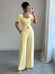 Elenzga Women's Short Sleeve Top And Pants 2 Pieces Set With Chain Decor