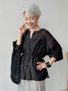 FRIFUL 女士宽松 V 领灯笼袖雪纺腰收腰休闲纯色长袖衬衫，秋季舒适 - 黑色 - 查看 3