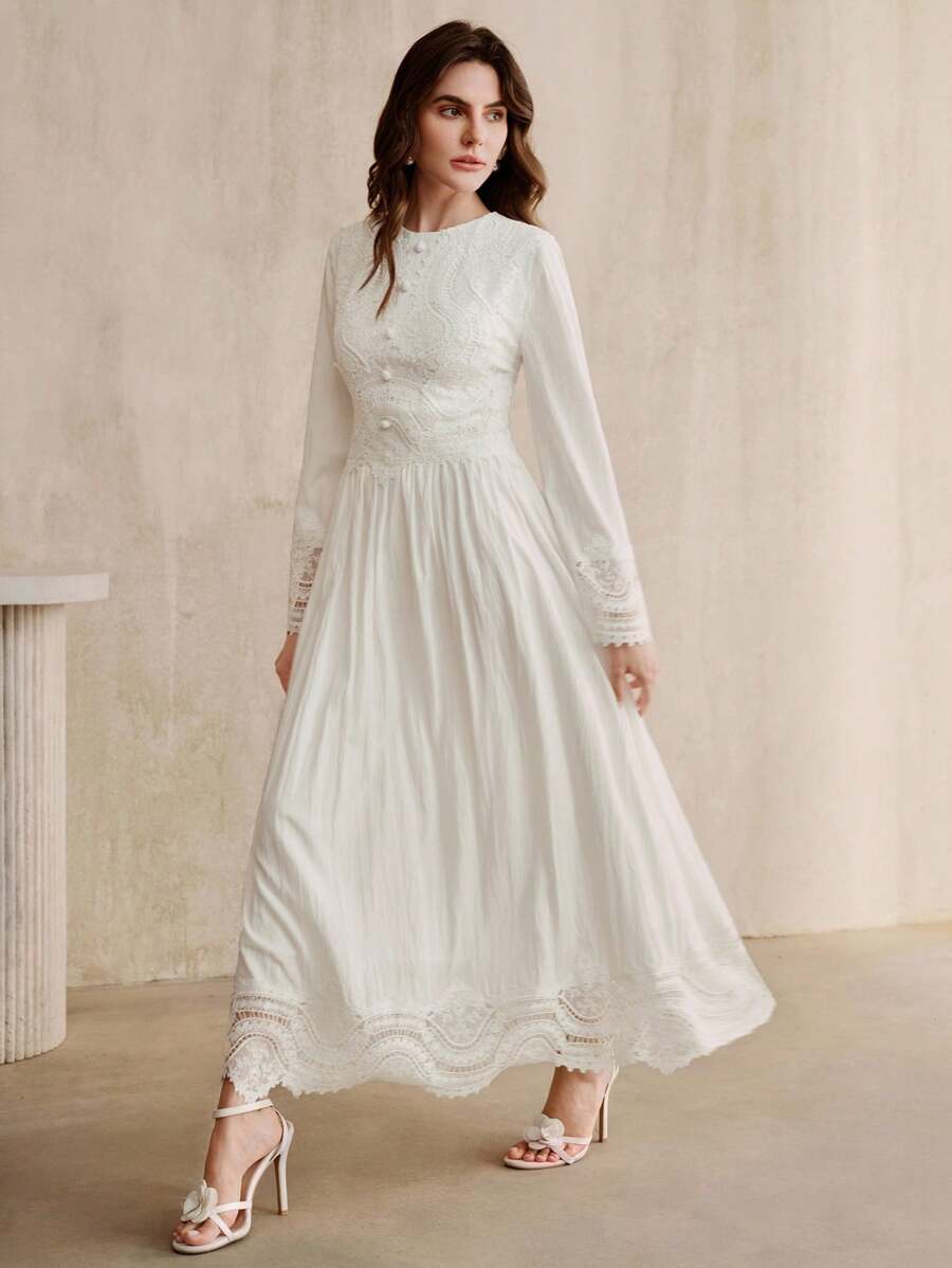 Anewsta 女装秋季温柔风白色修身显瘦重工白色长袖连衣裙 - 白色 - 查看 1