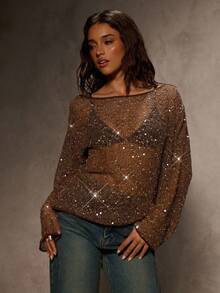 Aloruh Khaki Sequin Sheer Long Sleeve Top, Suitable For Party In Autumn,Fall - Khaki - View 7