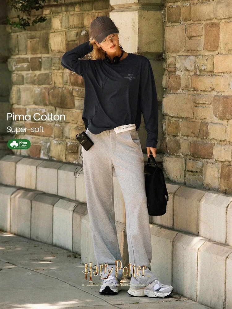 X Harry Potter The Deathly Hollows Lightweight Soft Stretchy Oversized Asymmetrical Graphic Long Sleeve Daily Casual Wear