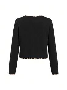 Gownix Contrast Leopard Print Trim Elegant Jacket, Suitable For Everyday Wear In Fall/Winter,Winter Clothes For Women - Black - View 2