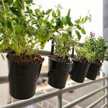 5 件悬挂式花盆金属铁桶花盆适用于栏杆栅栏阳台花园家居装饰花架带可拆卸挂钩，4 英寸 - 黑色 - 查看 4