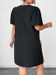 Auvina 大码夏季优雅拼色蝴蝶结装饰连衣裙 - 杏色 - 查看 2