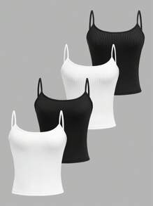 SHEIN EZwear Set de 4 piezas de camisetas cortas casuales para mujer, versátil para uso diario