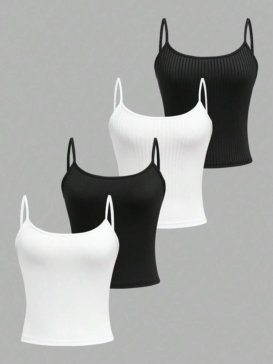 SHEIN EZwear Set de 4 piezas de camisetas cortas casuales para mujer, versátil para uso diario
