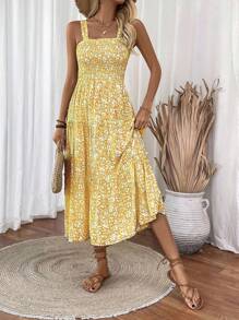 Breezaya 女士休闲碎花细肩带连衣裙，适合度假穿着 - 黃色 - 查看 3