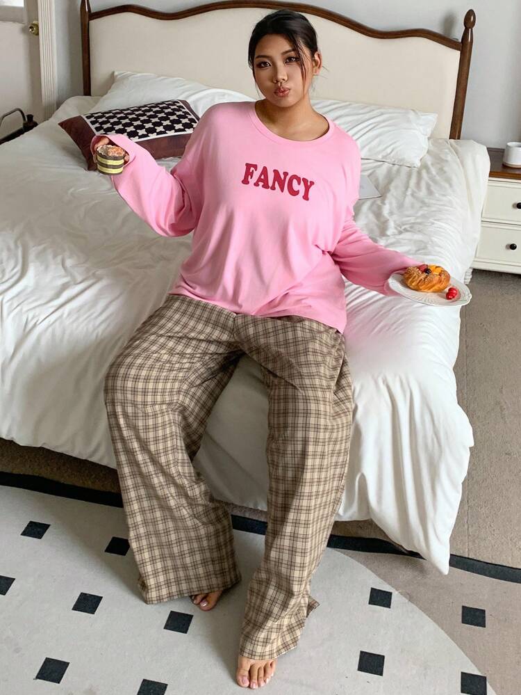 Dazy Plus Letter Print Loose Pink Top & Plaid Pants Pajama Set, 2pcs Sleepwear Suit