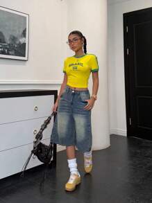 SHEIN 少女春夏 Y2K 石洗低腰宽松长短七分牛仔裤，夏季狂欢音乐会街头服饰 - 深色水洗藍 - 查看 3