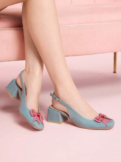 CUCCOO DOLLMOD 5.5厘米鞋跟蓝色牛仔布和红白格子蝴蝶结装饰粗跟时尚可爱高跟鞋
