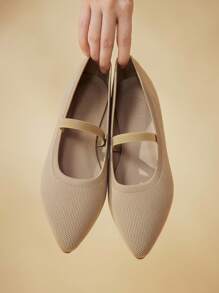 CUCCOO BASICS 女士尖头杏色平底舒适透气针织松紧带一脚蹬休闲平底鞋 - 杏色 - 查看 6