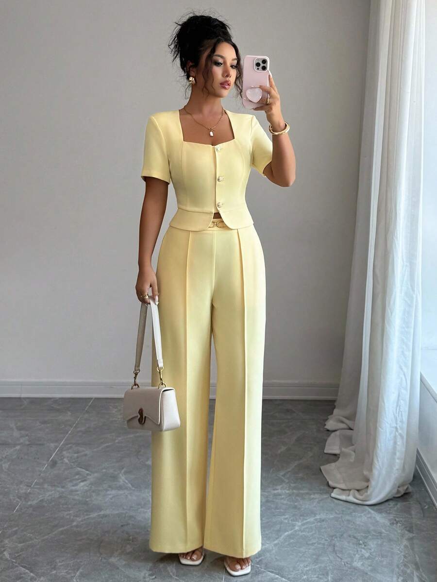 Elenzga Women's Short Sleeve Top And Pants 2 Pieces Set With Chain Decor