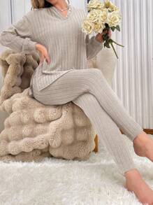 纯色纹理半扣女士家居服套装，秋冬服装，舒适套装