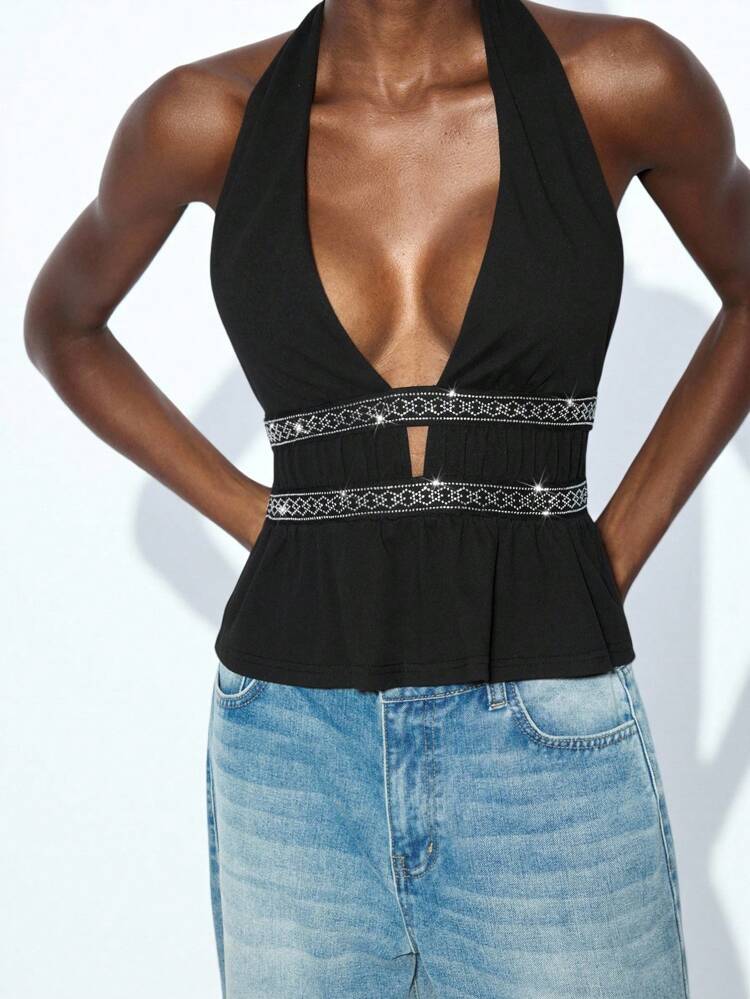 SHEIN Maija 2개 2025 우아한 마름모 라인스톤 장식 여성용 캐미솔 탱크 탑, 홈 & 파티 블랙 라인스톤 탑 블랙 홀터 탑 딥 V 넥 탑 백리스 홀터 탑 비즈니스 캐주얼 여성 고스 가을, 겨울, 겨울, 나이트 아웃, 외출 탑 여성, 나이트 아웃, 데이트 나이트, 올드 머니 스타일 여성용