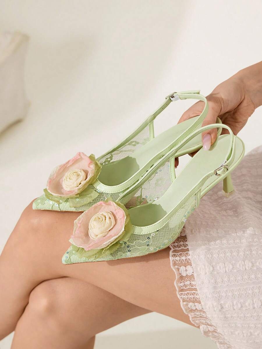 CUCCOO CHICEST Women's High Heel Pointed Toe Mesh Floral Elegant Wedding Party Sandals