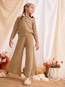 Blossori Young Girls' French Elegant Large Lapel Front Button Knitted Cardigan/Knitted Pants Set Girls Brown Knit Outfit Little Girl Brown Pant Set Toddler Girl Brown Sweater Set Girls Knit Set,In Fall/Winter - Khaki - View 5