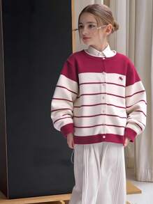女童青少年条纹针织开衫，长袖，适合春秋季 - 彩色 - 查看 1