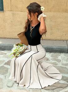 SHEIN Frenchy 女士优雅撞色滚边鱼尾下摆半身裙，秋季女士，返校，乡村音乐会，商务休闲女士，女士教师，女士约会之夜，女士生日，女士早午餐，西方女装，商务休闲女士 - 杏色 - 查看 7