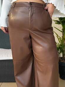 magalhaesca Black Solid Color Design Patchwork Side Pocket Faux Leather Straight Leg Pants, Plus Size, For Winter - Brown - View 5