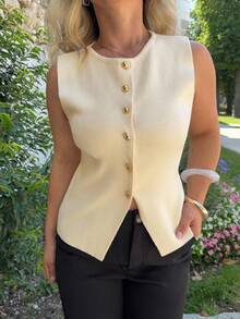 Jeta Ari 女式休闲纯色前扣无袖针织上衣，夏季 - 杏色 - 查看 3