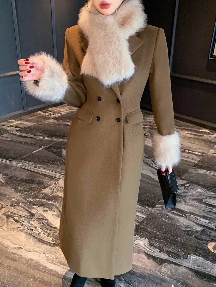 DAZY 女士长袖毛领大衣，修身剪裁，收腰设计，带口袋，双排扣，长款，秋冬款 - 棕色 - 查看 1